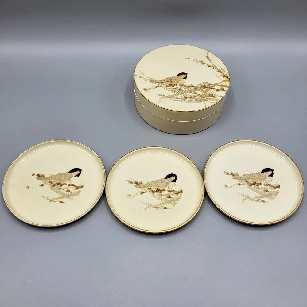 Otagiri Japanese Lacquerware Coaster Set Bird Willow Tree Motif Cream Gold Table